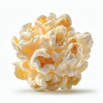 A close-up photo of a fluffy yellow popcorn on a white surface