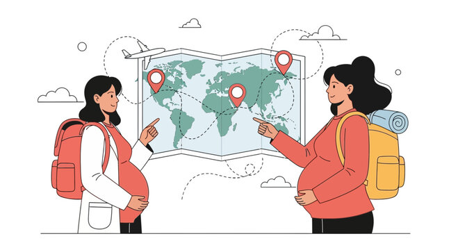 Pregnant women planning travel around the world map with backpacks