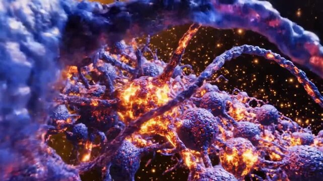 Microscopic glowing cells or viruses with orange sparks on a dark background with a sense of movement and energy