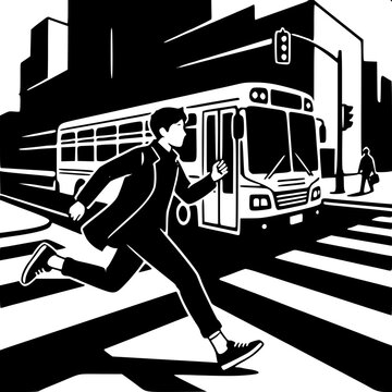 Funny Chasing bus missing shoe Vector Illustration - Black and White Comedy Graphic - 136