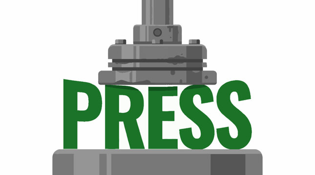 Industrial hydraulic press machine crushing the word press in a flat vector illustration