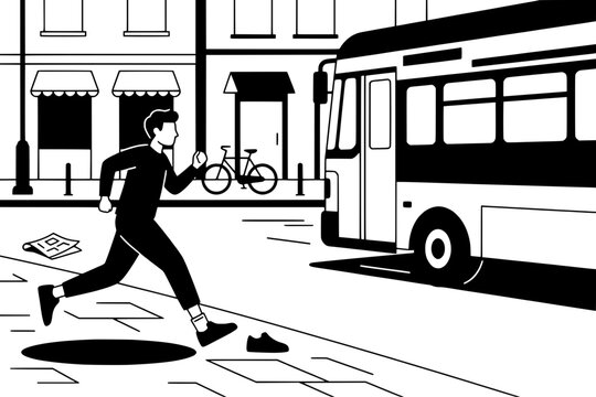 Funny Chasing bus missing shoe Vector Illustration - Black and White Comedy Graphic - 135