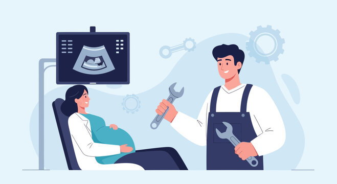 Pregnant Woman Ultrasound with Mechanic Holding Wrenches - Medical Concept