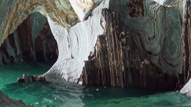 Witness nature's incredible artistry at Marble Caves in Patagonia. Ancient geological formations with swirling patterns are bathed in vibrant turquoise waters. Peaceful exploration this natural wonder