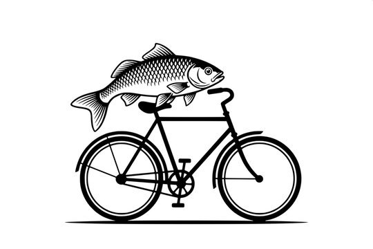 Funny Fish riding bicycle Vector Illustration - Black and White Comedy Graphic - 143