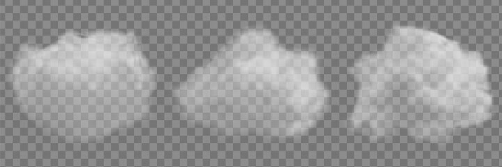 Naklejka premium Realistic white clouds floating in bright blue sky background. Perfect transparent PNG overlay for summer landscape designs and peaceful natural scenes.