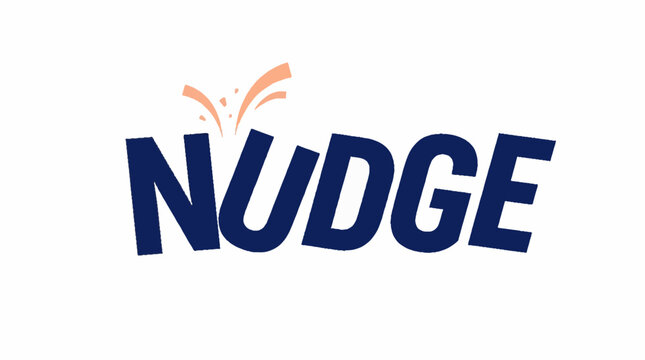 Nudge word typography with a small peach colored abstract graphic element above the letter U in a flat vector illustration style on white background