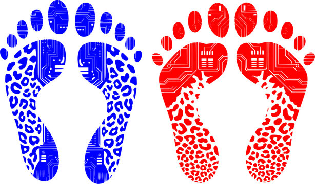 Blue Leopard Print and Red Circuit Board Patterned Human Footprints, Vector Illustration Blending Nature and Technology in a Creative Pair of Feet Symbols Perfect for Fashion, Tech, and Modern Art