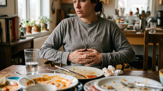 Sad woman sitting at messy dinner table, depressed female feeling lonely after meal, upset person with digestive pain or eating disorder