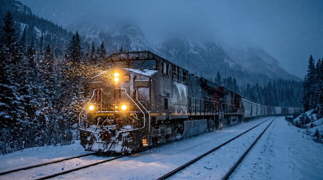 A powerful freight train with bright headlights cuts through a heavy snowfall, traversing a winding railway line in a dramatic winter mountain landscape.