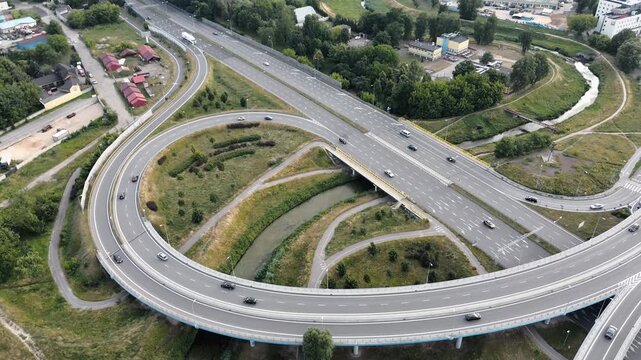 Overhead shot of transportation infrastructure and urban sprawl