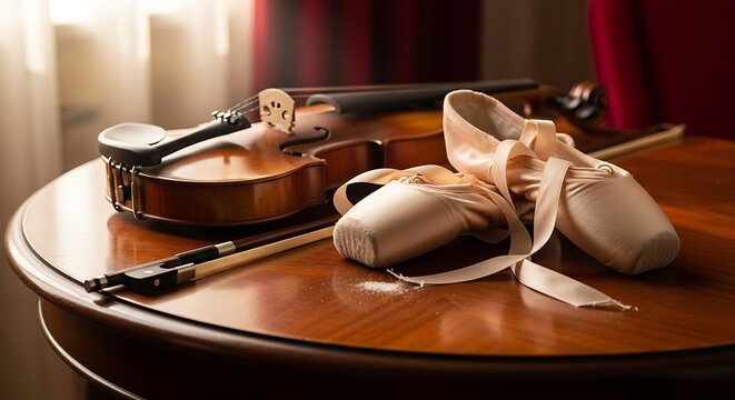 Violin and ballet pointe shoes resting on a wooden table