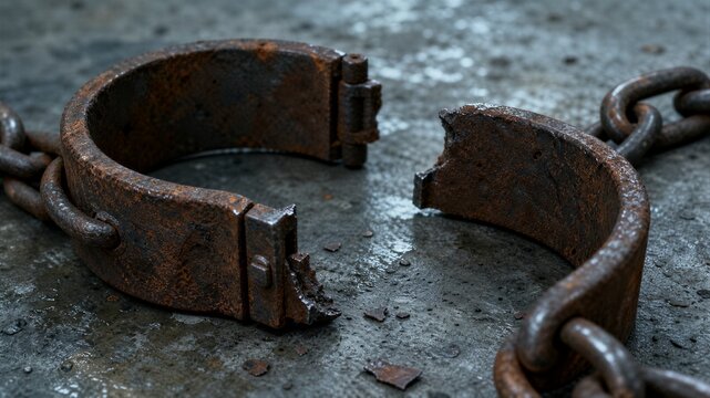 Broken rusty iron shackles lying on dark textured ground human rights freedom advocacy