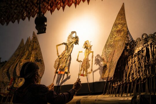 traditional wayang kulit shadow puppet performance, detailed handcrafted leather puppets illuminated by warm light screen, authentic indonesian cultural heritage