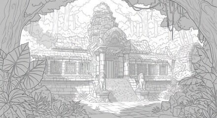 Obraz premium Sketch of ancient temple surrounded by lush jungle scenery