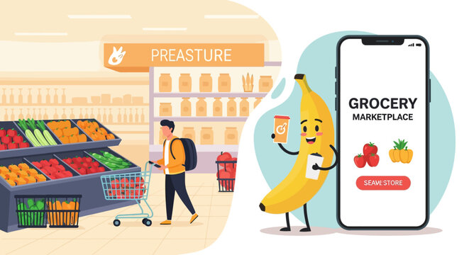 Friendly Banana Mascot Introducing Groceries With Energetic Animation