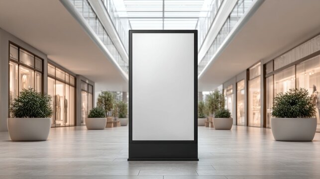 Blank digital advertising screen in a modern shopping mall hallway with shops and plants