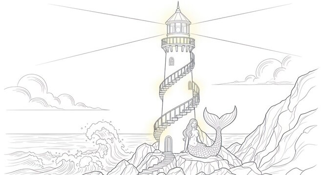Line drawing of a lighthouse with a spiral staircase and whale, rocky landscape background