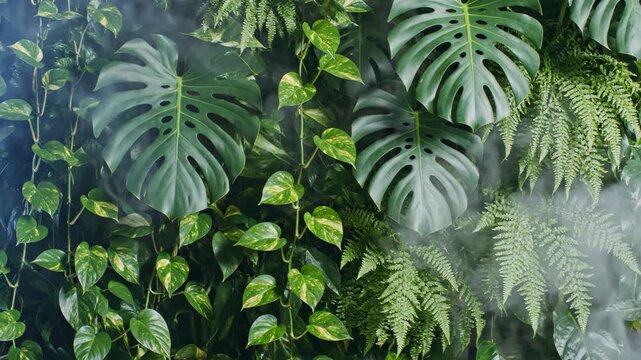 Yoga Day living wall of dense green tropical leaves with morning mist drifting through fronds, meditation and wellness background, seamless loop, nature studio backdrop