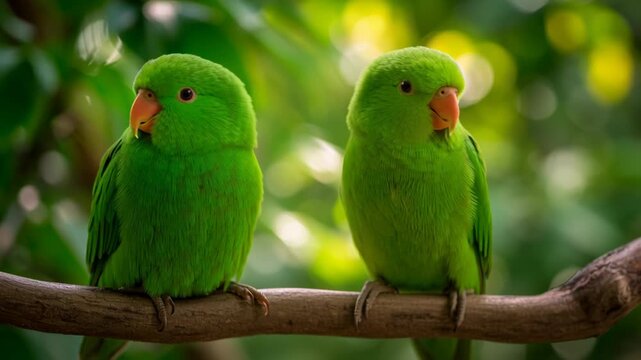 Two bright green parrots perched on a branch in a lush, sunlit forest, their vivid plumage a striking contrast to the soft, blurred background of foliage and sunlight