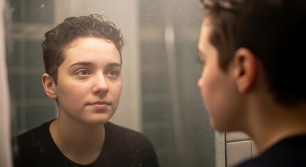Fototapeta premium A young person with short hair gazes intently into a bathroom mirror, reflecting on their appearance and thoughts.