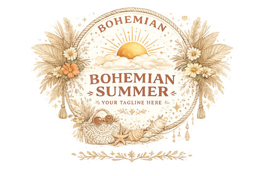 Bohemian summer logo design, bohemian summer, logo design, boho aesthetic, summer branding, tropical logo, minimalist logo, boho style, beach vibes, sun icon, botanical logo, modern branding, hand dra