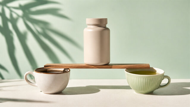 plastic vitamin bottle balanced on wooden plank between ceramic coffee and green tea cup. Concept of lifestyle balance, supplement health, organic wellness, nutrition and mindful living