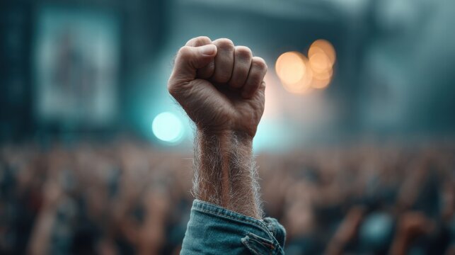 Raised fist in a crowd, symbolizing protest and solidarity with blurred lights.