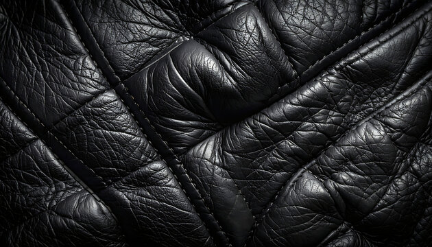 Black quilted genuine leather texture background with deep shadows, luxury material, sophisticated pattern, automotive interior, upholstery, premium finish
