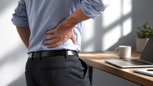 man holding his lower back because of severe pain while standing at office desk. Employee suffering from backache and muscle strain. Healthcare, ergonomic and workplace injury concept