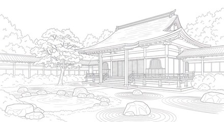 Fototapeta premium Traditional wooden temple with ornate roof, surrounded by rocks and trees, in tranquil garden setting