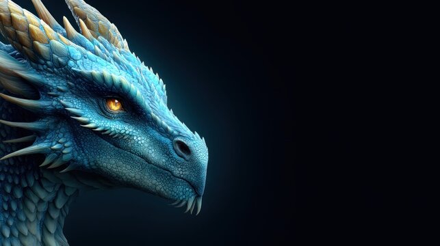 Majestic blue dragon with golden eyes stares intensely against a dark background