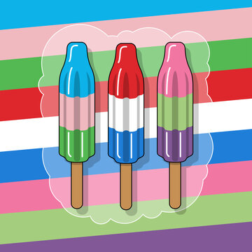 Rocket shaped ice cream or bomb pop ice cream with three flavors on a colorful striped background. National Bomb Pop Day, June.