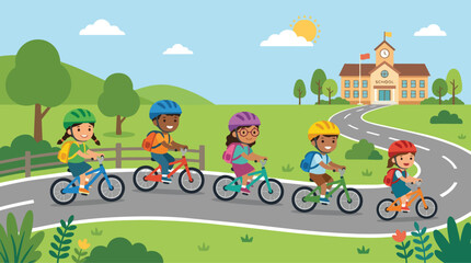 Naklejka premium Kids Bike Active Mobility Fun School Journey, Group Of Children Riding Bicycles Towards Educational Building On A Sunny Day, Concept Of Healthy Lifestyle And Transportation