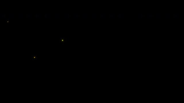 A 3D-rendered animation featuring a gentle swarm of fireflies slowly dancing against a dark background, each one flickering softly.