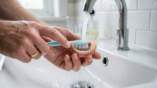 Senior dental care routine, hands cleaning dentures with toothbrush under running water, oral hygiene for elderly patients in bathroom sink