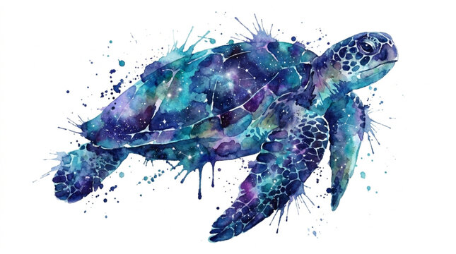Artistic Watercolor Silhouette of Sea Turtle with Deep Ocean Wash