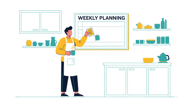 Man planning weekly schedule in kitchen, holding notes and coffee mug