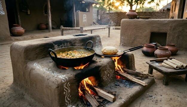 Traditional Indian clay stove with firewood and cooking pots with roti and vegetable curry in a village courtyard at sunset