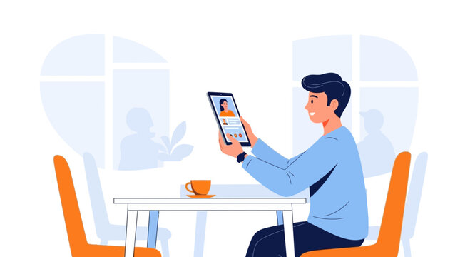 Man Video Calling on Tablet at Cafe Table with Coffee
