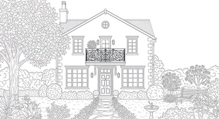 Fototapeta premium Elegant large two-story house with front garden, balcony, trees