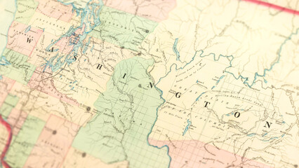 Macro View of Vintage Map Highlighting Washington State USA with Detailed Geographic Cartography © Andi Permana