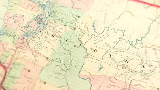 Macro View of Vintage Map Highlighting Washington State USA with Detailed Geographic Cartography