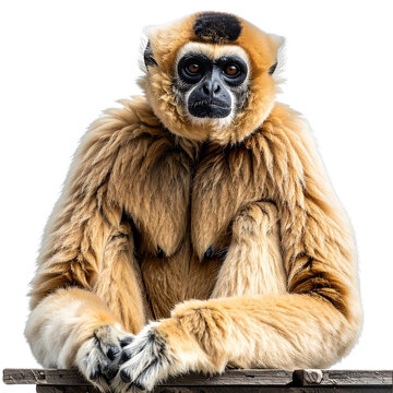 A young white-handed lar gibbon with fluffy brown fur sits in a tree, looking forward with an adorable portrait face amidst the wildlife of nature