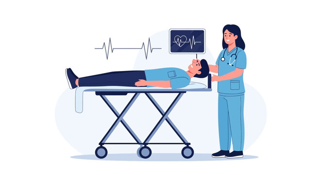 Nurse Attends Patient In Stretcher With ECG Monitor