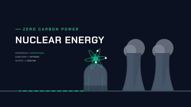 Nuclear Energy Station Animation with Glowing Atom and Cooling Towers
