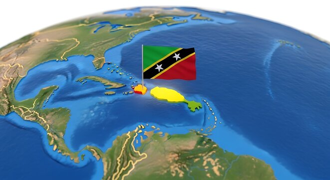 Flag of saint kitts and nevis on a 3d globe map of the caribbean