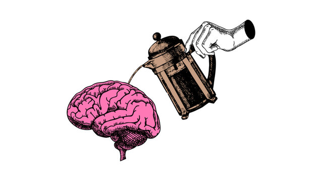Trendy collage with sketch brain and coffee pour. Coffee shop, cafe, barista, coworking space, bookstore, podcast, mental health concept. Hand drawn engraving isolated vector illustration.