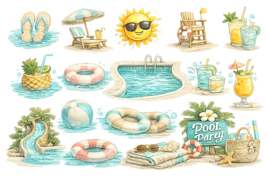 Tropical pool party icon collection, tropical pool party, icon collection, summer icons, pool party design, tropical vibes, beach icons, flamingo float, cocktail icons, palm tree icons, vacation symbo