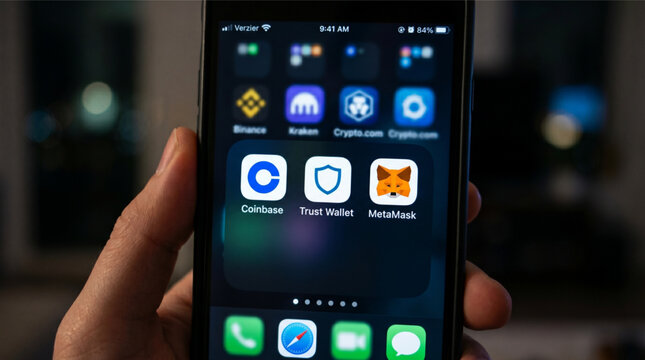 Coinbase, Trust Wallet, and MetaMask mobile icons app on a screen smartphone iPhone. Cryptocurrency exchange and digital wallet apps for trading Bitcoin, Ethereum and managing decentralized assets.